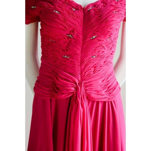 Vintage Pink Gathered Ruched Bodice Off The Shoulder Chiffon Gown w rhinestones - Picture 5 of 12